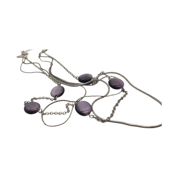 NY Multi Strand Necklace Silver Tone Purple Cat's Eye Beads Statement Layered - Picture 3 of 6